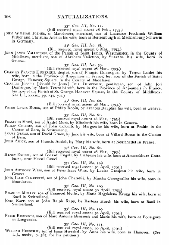 Naturalisation record for Sir William Herschel