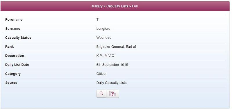 Lord Longford "Wounded" 6 Sep 1915 in records on TheGenealogist