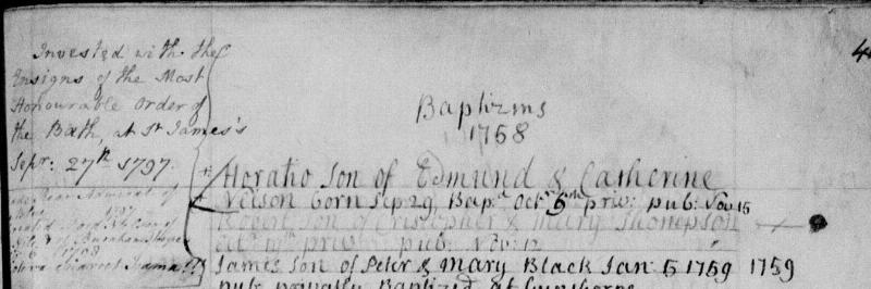 Horatio Nelson's baptism in parish records