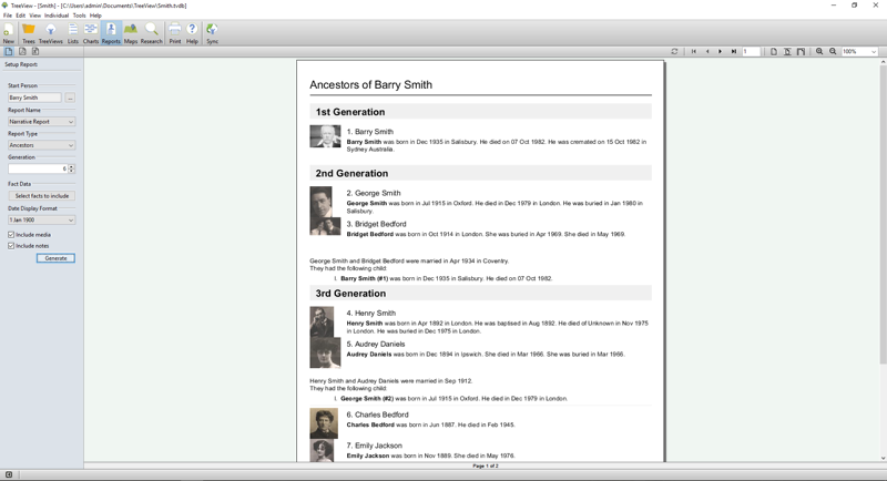 TreeView’s Narrative report showing three generations