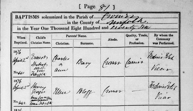 Norfolk Parish Registers on TheGenealogist: Henry Blogg baptism 1876